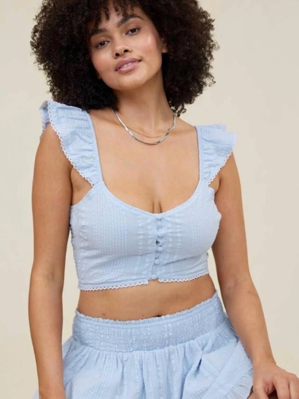 Aerie Cropped Seersucker Tank Top in Blue NEW